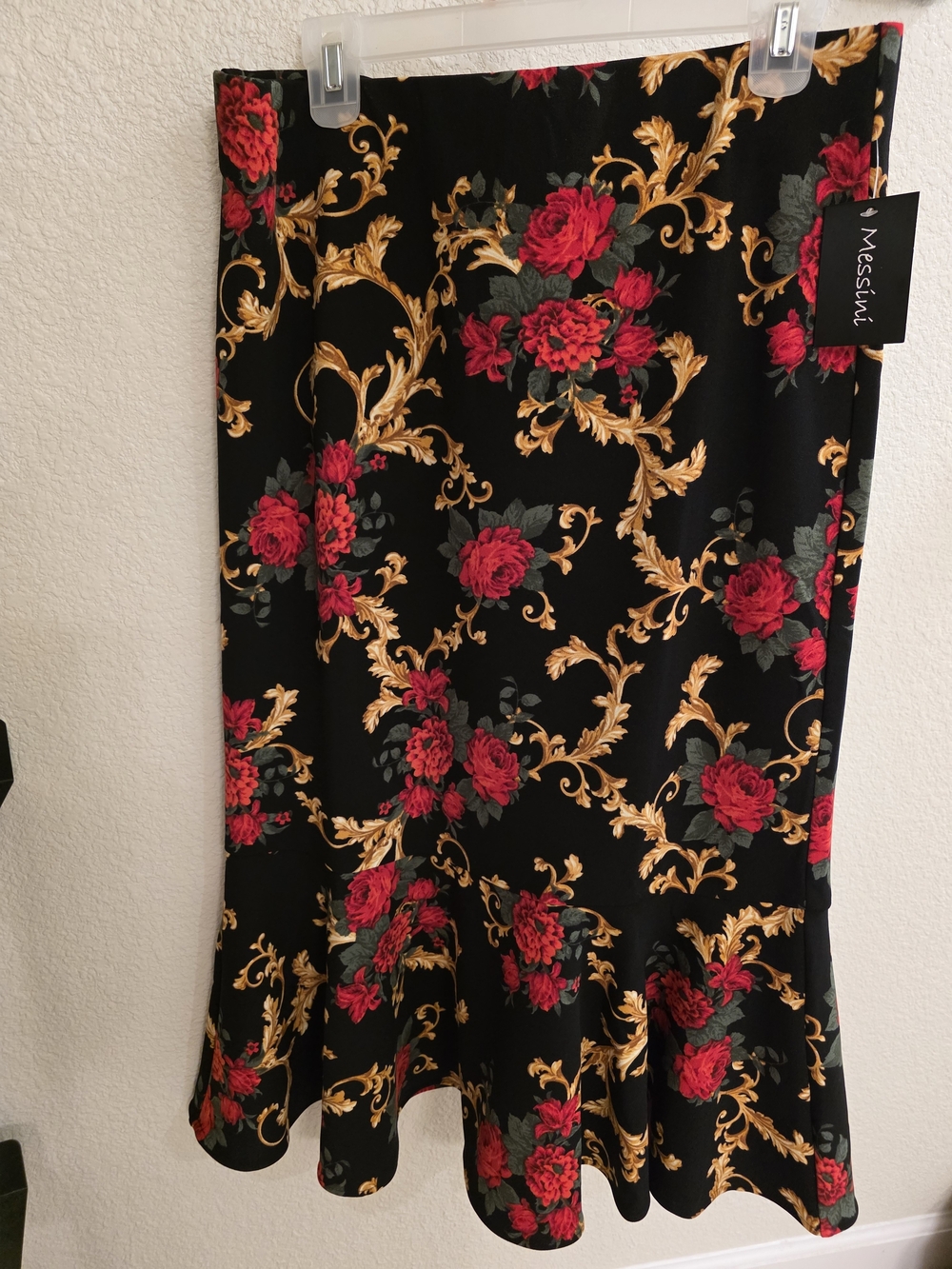 Messini Black Midi Skirt with Red Rose & Gold Scrolls